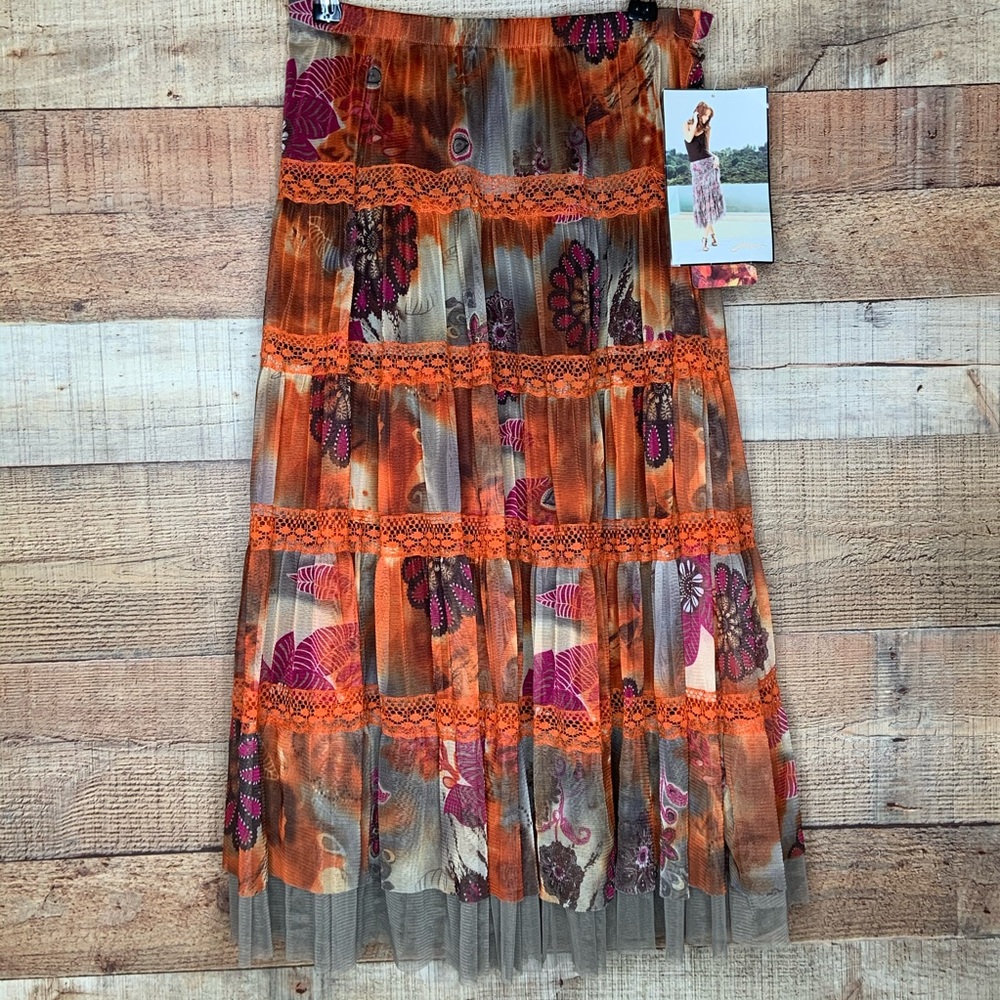 Anthropologie Lapis Boho Fall Floral Lace & Tulle Skirt Size Small